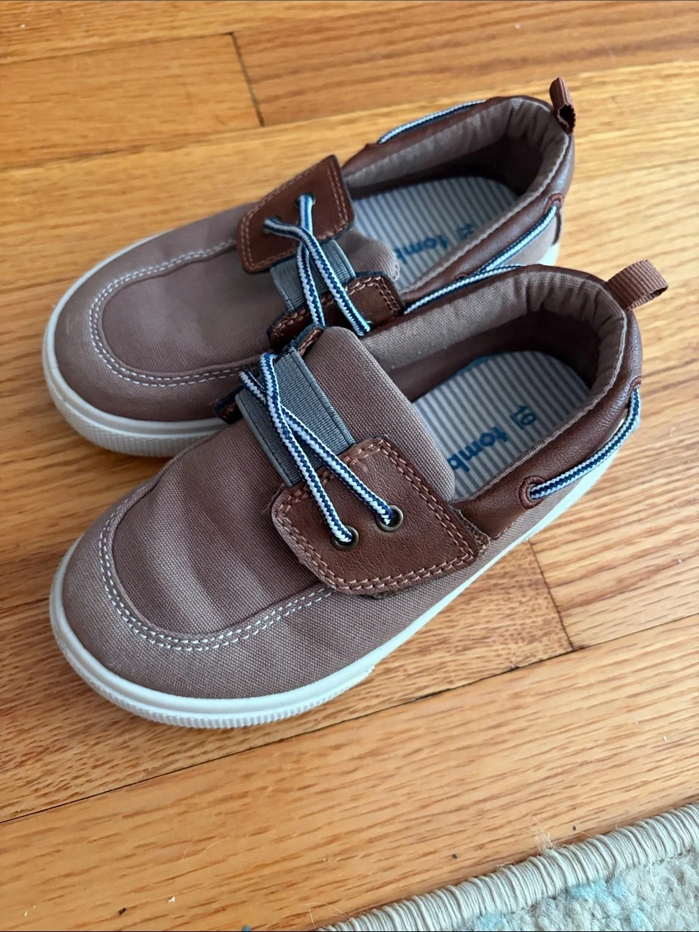 Kids Brown Canvas Slip-On Sneakers with Blue Accents